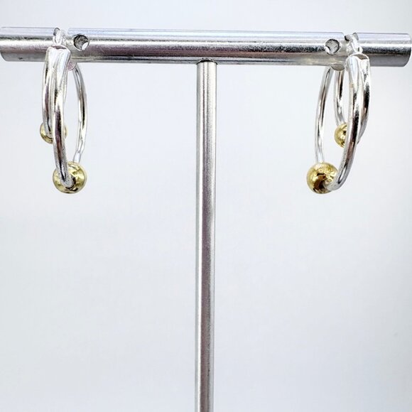 Two Tone Sterling Silver 925 Gold Bead Double Hoop Earrings Size 1" Length - Picture 2 of 7